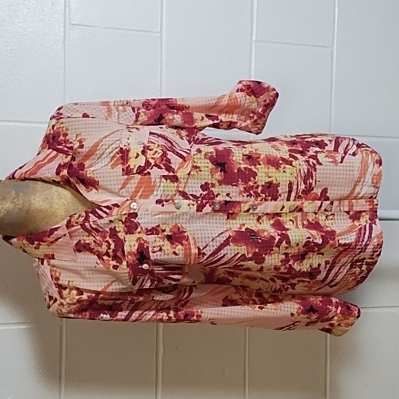 Pink Coral Burgundy Orange Abstract Floral & Check Shirt Roll Tab Sleeve - Picture 1 of 14